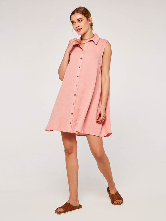 Sleeveless Swing Shirt Dress, Pink, large
