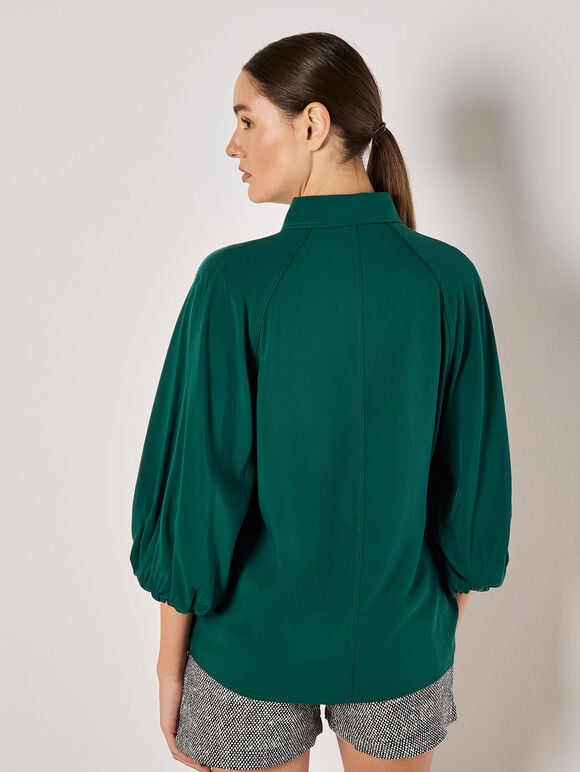 Seam Detail Puff Sleeve Shirt, Green, large