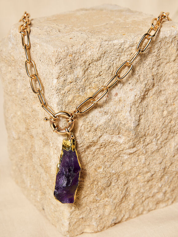 Gold Raw Crystal Necklace, Purple, large