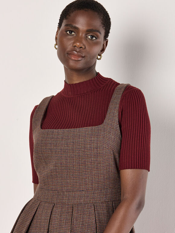 Check Pleated Skater Mini Dress, Burgundy, large