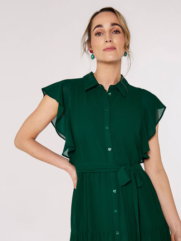 Ruffle Shirt Midi Dress, Green, large