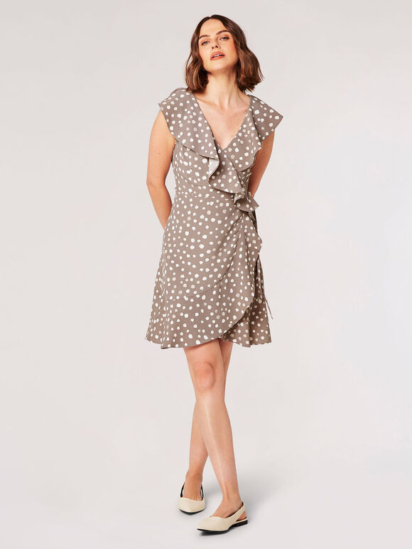 Painterly Dot Ruffle Wrap Mini Dress, Grey, large