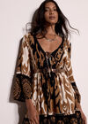 Paisley Bell Sleeve Mini Dress, Camel, large