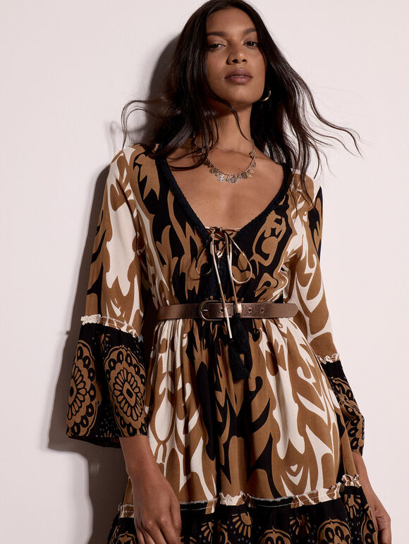 Paisley Bell Sleeve Mini Dress, Camel, large