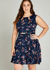 Painterly Floral Cut Out Neck Dress +, Navy, large