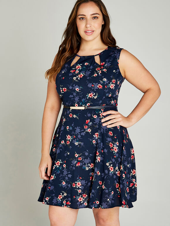 Painterly Floral Cut Out Neck Dress +, Navy, large