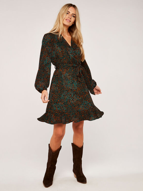 Camouflage Animal Dot Long Sleeve Wrap Dress, Green, large