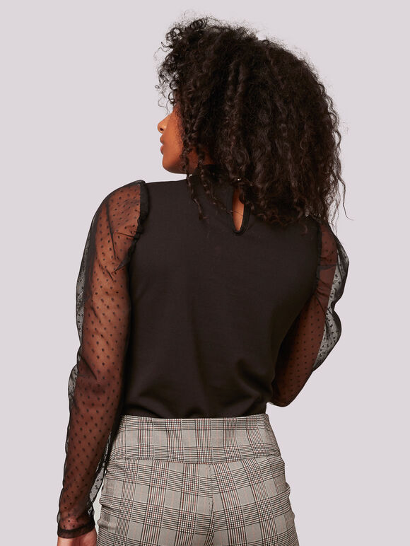 Mesh Sleeve Mock Neck Top, Black, large