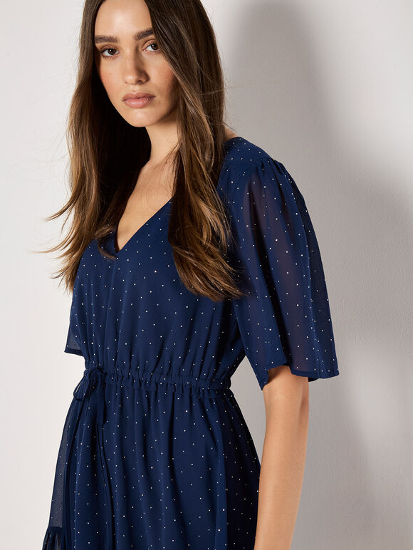 Polka Dot Chiffon Mini Dress, Navy, large
