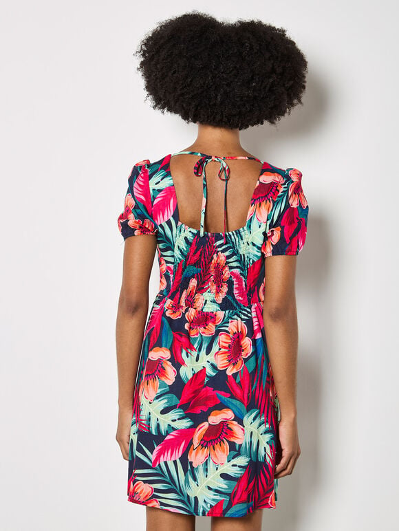 Tropical Floral Mini Dress, Fuchsia, large