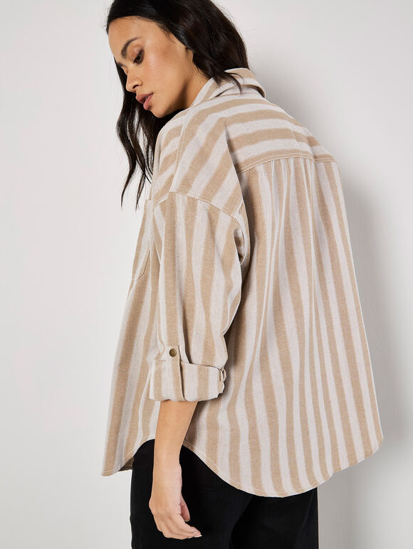 Twill Stripe Oversized Shacket, Stone, large