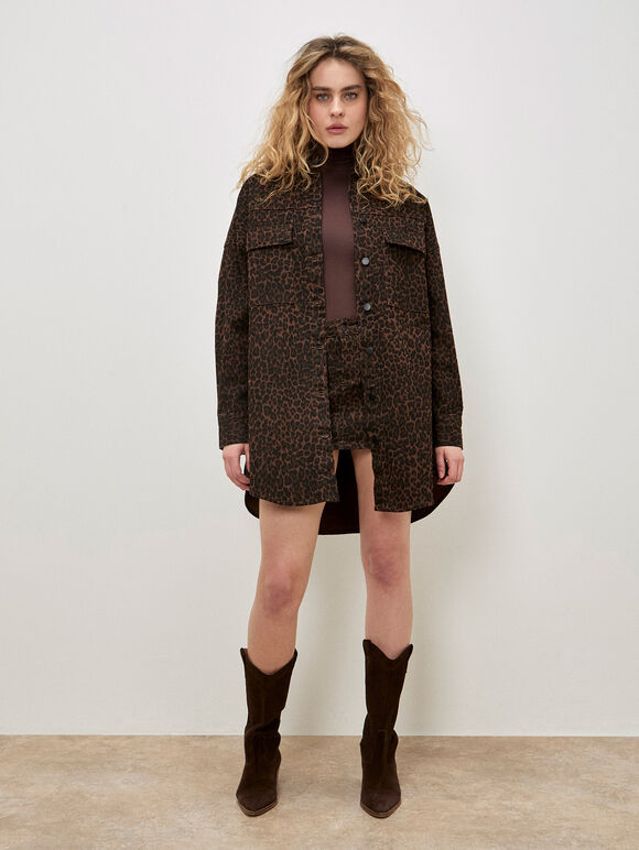 Leopard Denim Shacket Mini Dress, Brown, large