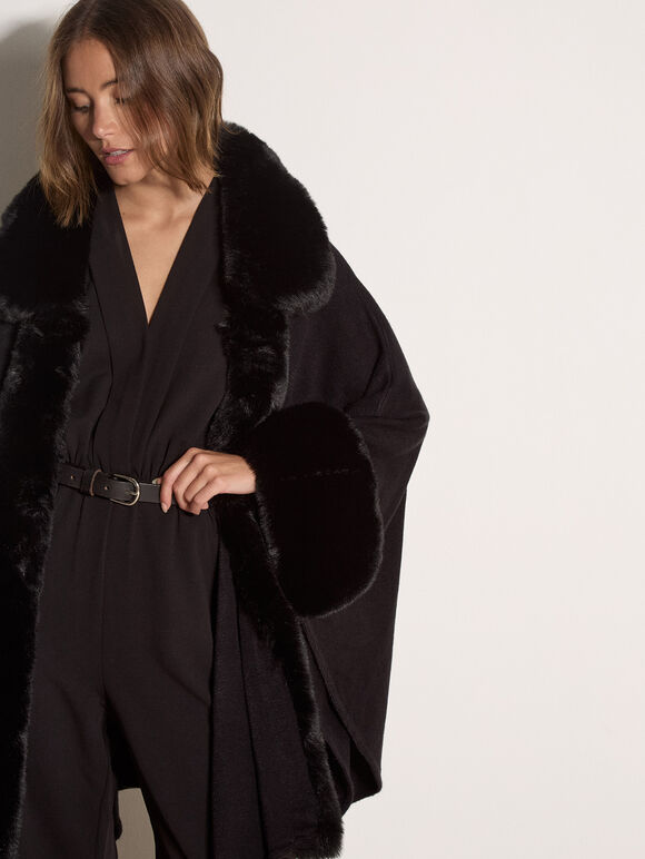 Faux Fur Trimmed Cape, Black, large
