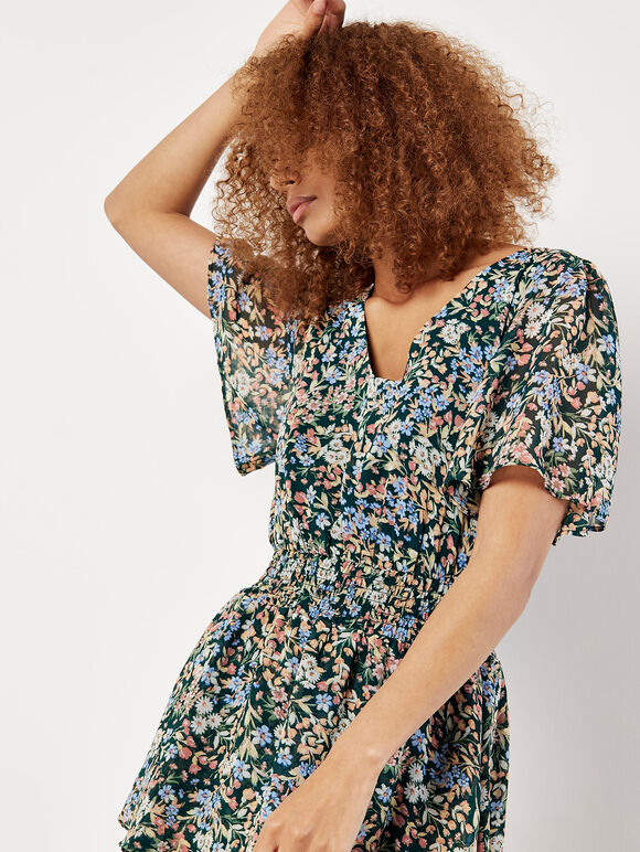 Ditsy Floral Chiffon Mini Dress, Green, large