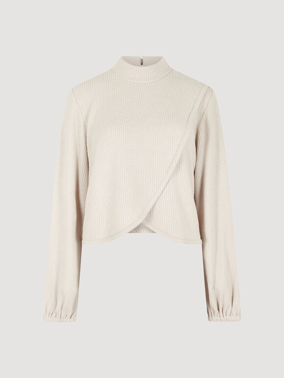 Waffle Knit Wrap Top, Stone, large