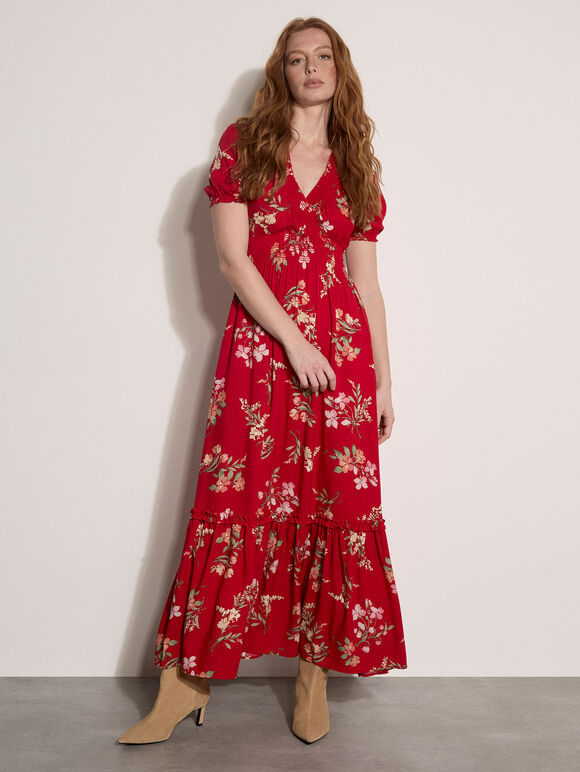 Watercolour Floral Maxi Dress, Red, large