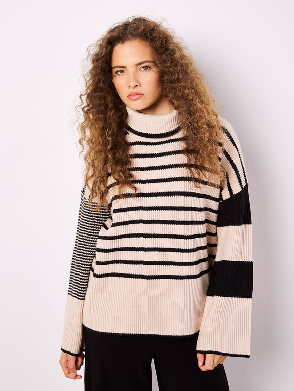 Mixed Stripe Oversized Chunky Jumper, Stone, large