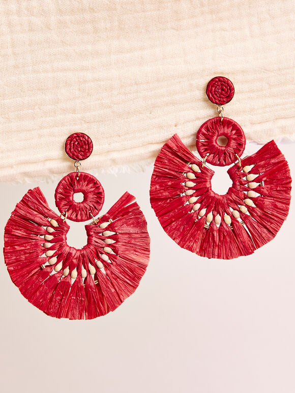Raffia Fan Earrings, Red, large