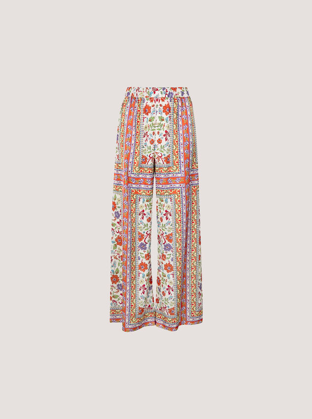 Floral Scarf Print Satin Wide-Leg Trousers, Orange, large