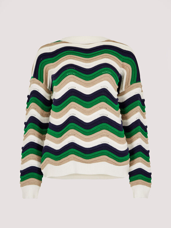 Wavy Stripe Knitted Jumper, Green, large