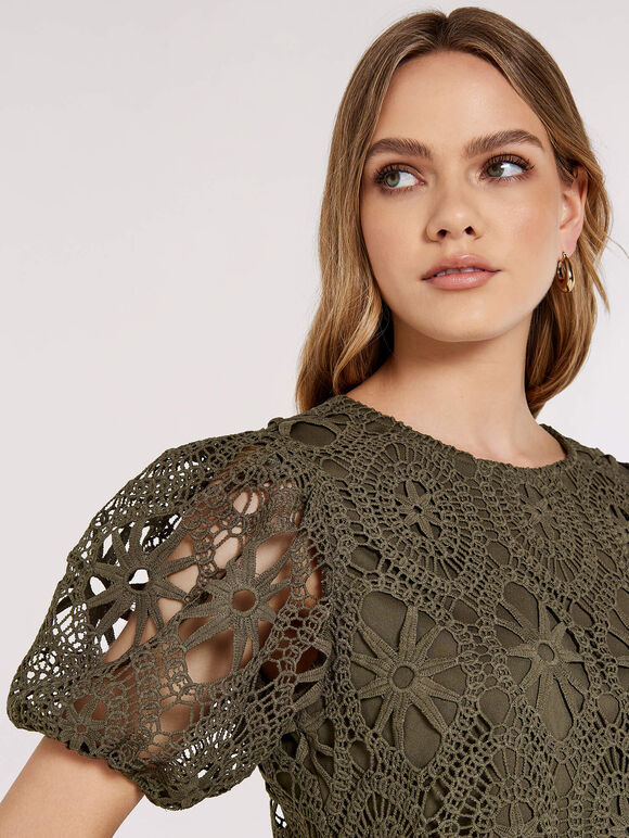 Lace Puff SleeveTop, Khaki, large
