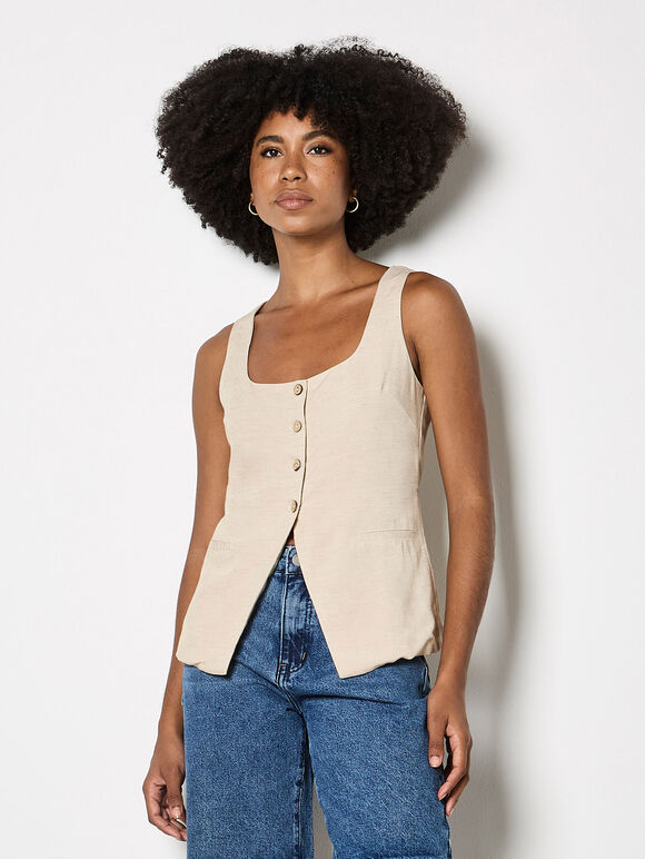 Button Down Woven Vest Top, Stone, large