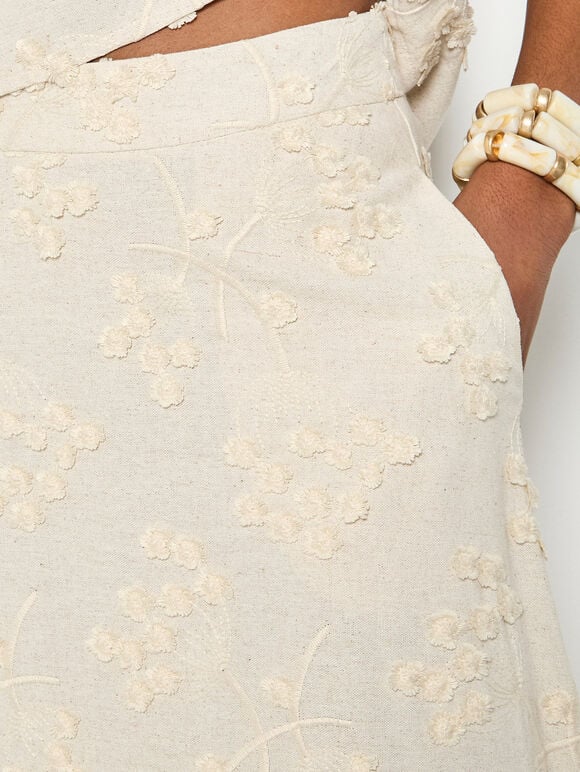 Embroidered Floral Linen Blend Midaxi Skirt, Stone, large