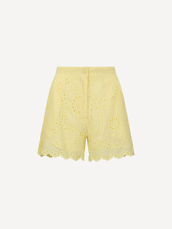Scalloped Broderie Mini Shorts, Yellow, large