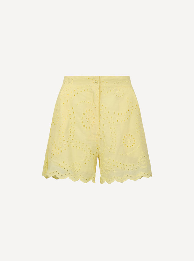 Scalloped Broderie Mini Shorts, Yellow, large