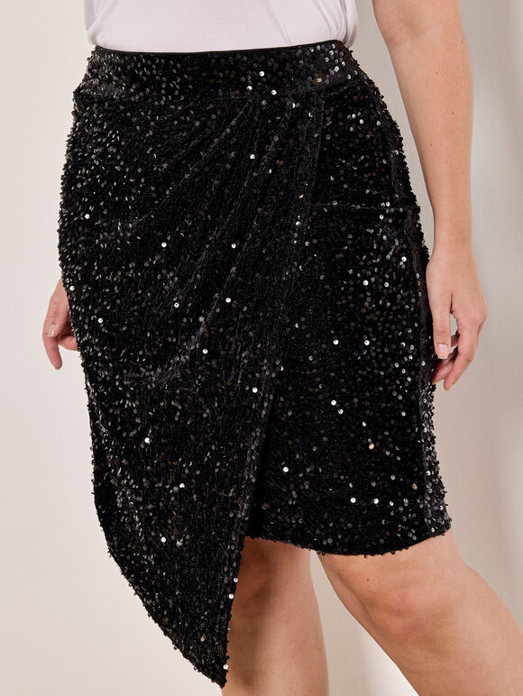 Curve Velvet Sequin Wrap Mini Skirt, Black, large