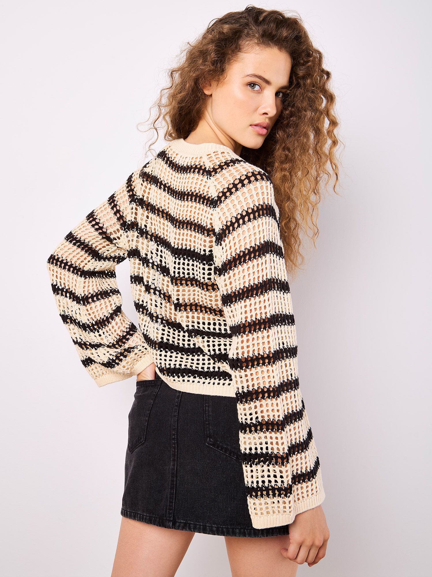 Stripe Mesh Knit Bell Sleeve Jumper | Apricot Clothing