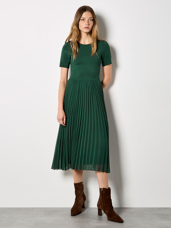 Rib Knit Chiffon Skirt Midi Dress, Green, large