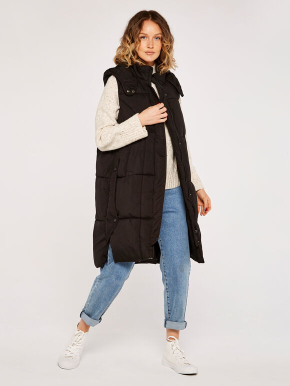 Button Longline Puffer Gilet, Black, large