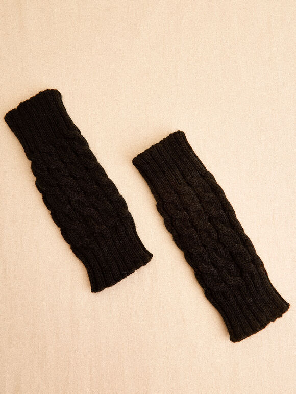 Cable Knit Handwarmers, Black, large