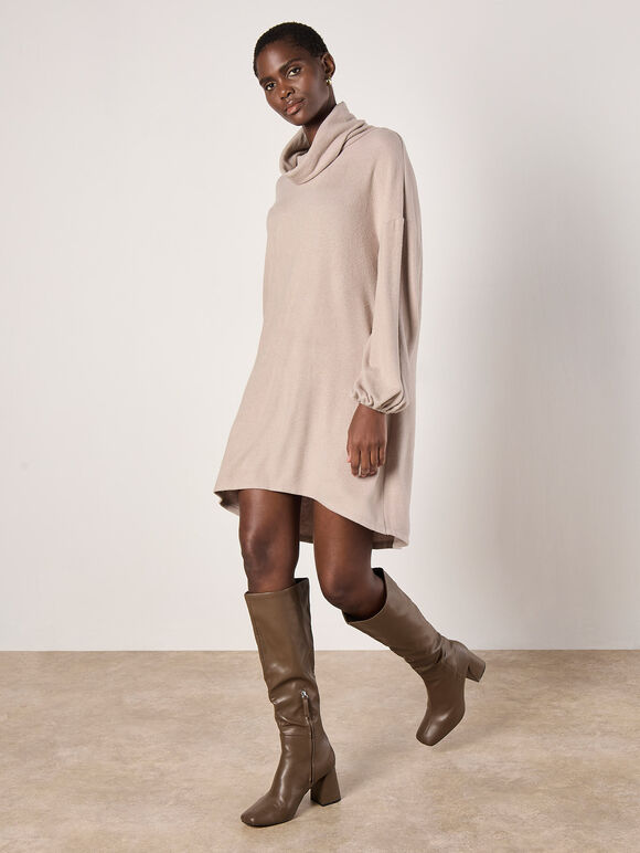 Soft Knit Mini Dress, Stone, large
