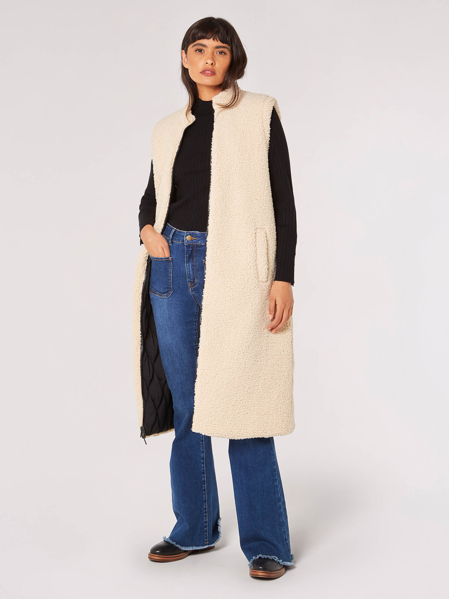 Reversible Longline Quilted Borg Gilet Apricot Clothing