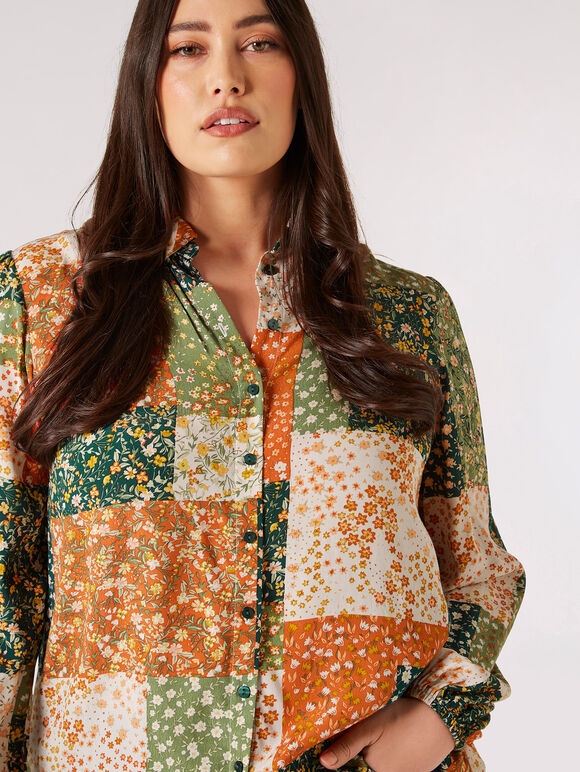 Curve Ditsy Patchwork Shirt, Green, large