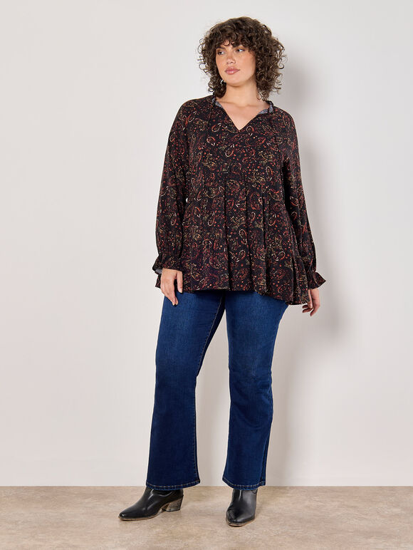 Curve Painterly Paisley Peplum Hem Top, Black, large