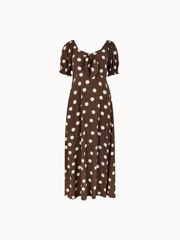 Polka Dot Bow Detail Midi Dress, Brown, large