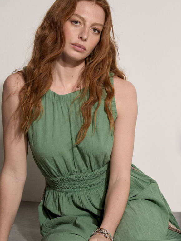 Crochet Trim Smocked Midi Dress, Green, large