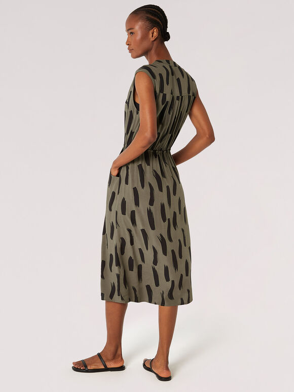 Brushstroke Print Drawstring Midi Dress, Khaki, large