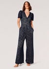 Lined Ornate Lace Jumpsuit, Navy, large