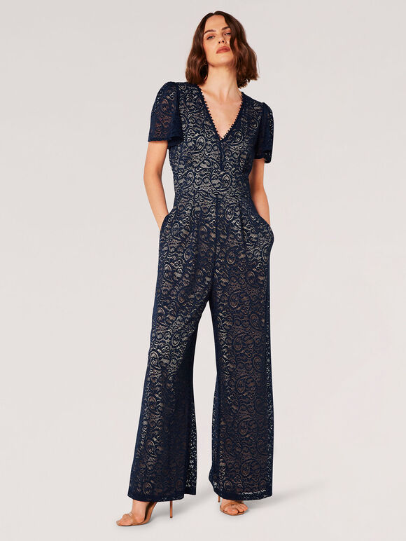 Lined Ornate Lace Jumpsuit, Navy, large