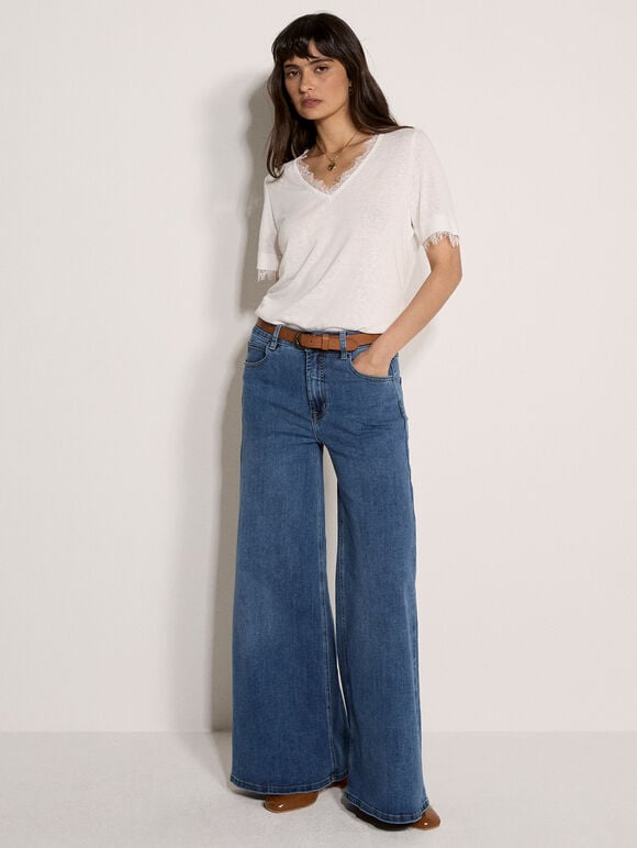 Slub Jersey Eyelash Lace T-Shirt, Cream, large