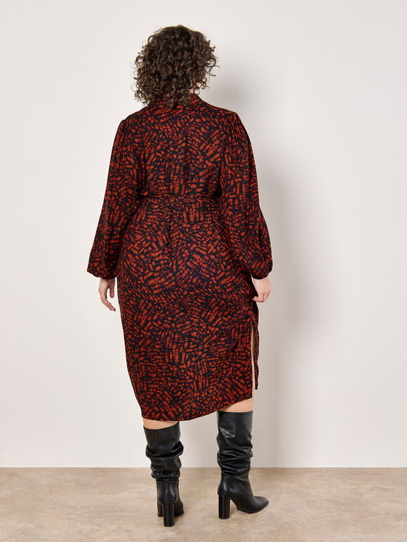Curve Abstract Texture Shirt Midi Dress, Burgundy, large