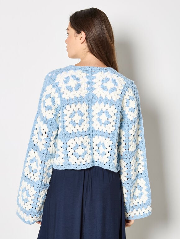 Hand-Knit Crochet Squares Cardigan, Blue, large
