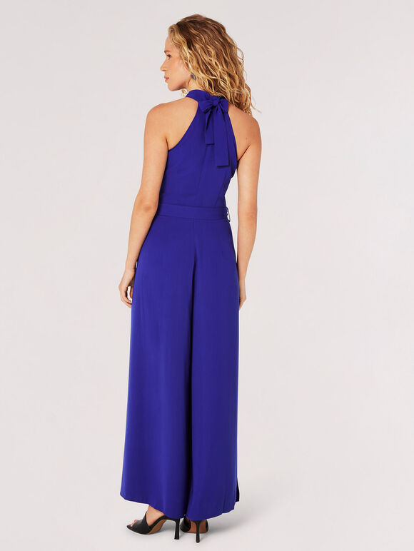 Halter Neck Split Leg Jumpsuit, Blue, large