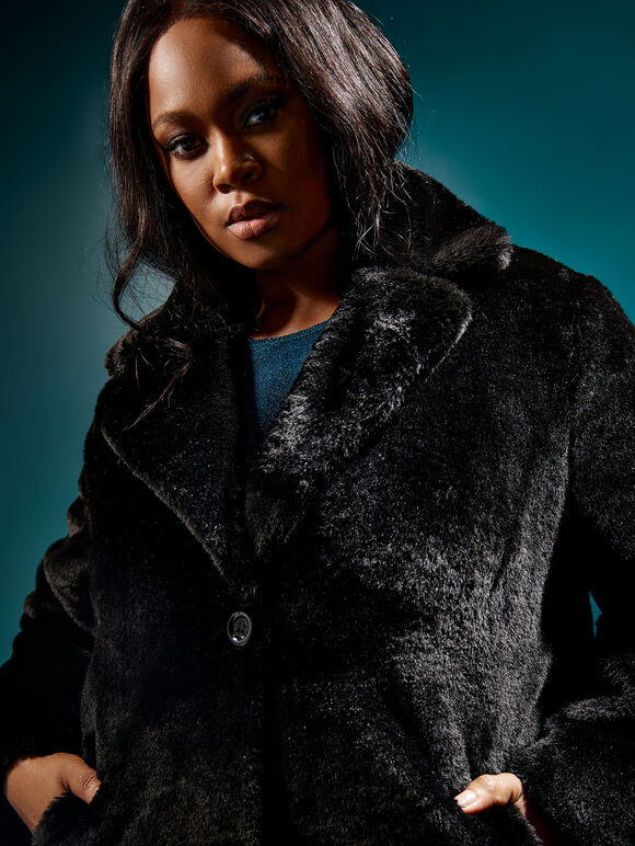 Curve Longline Soft Faux Fur Coat, Black, large