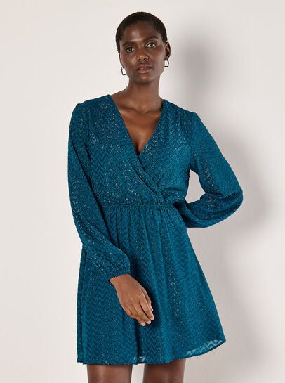 Chevron Shimmer Wrap Mini Dress