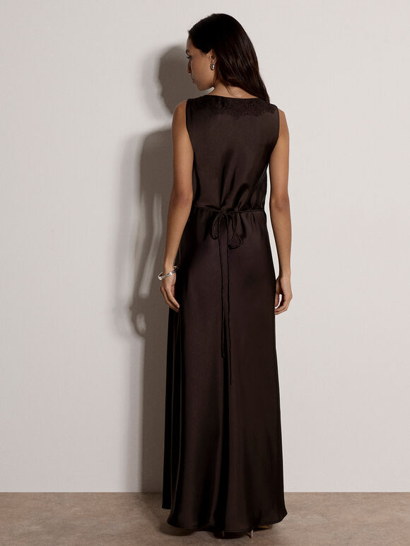 Satin Lace Maxi Dress, Brown, large